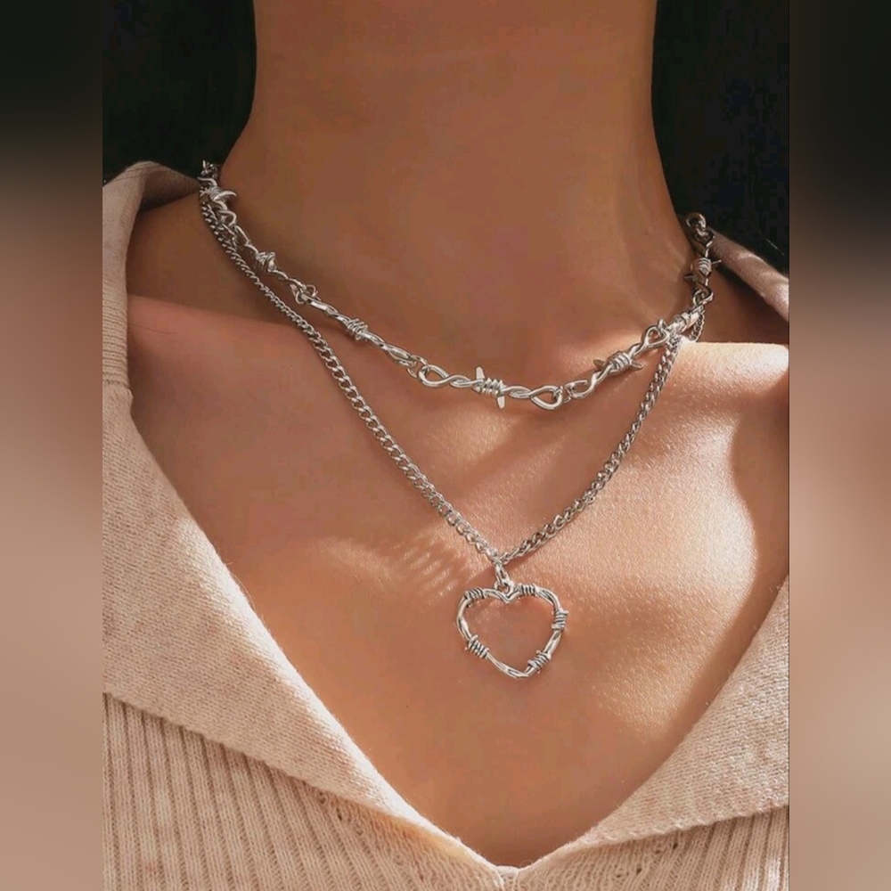 2Pc Multi layered spike & beaded heart necklace